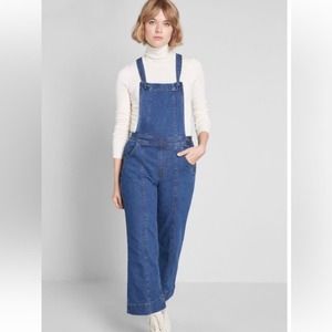 Modcloth Dark Wash Denim Knotted  strap WideLegCropped Overalls EUG worn once